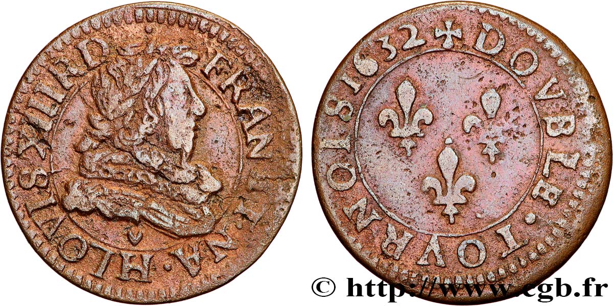 LOUIS XIII LE JUSTE Double tournois, type 1 1632 La Rochelle TTB