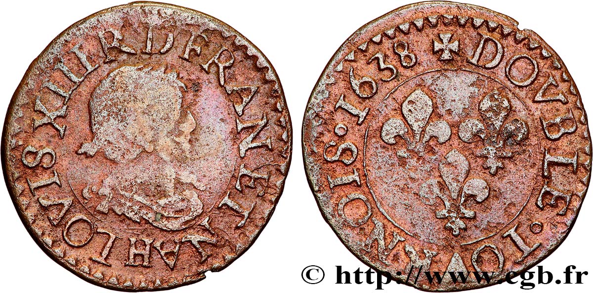 LOUIS XIII LE JUSTE Double tournois, 14e type 1638 La Rochelle TB+