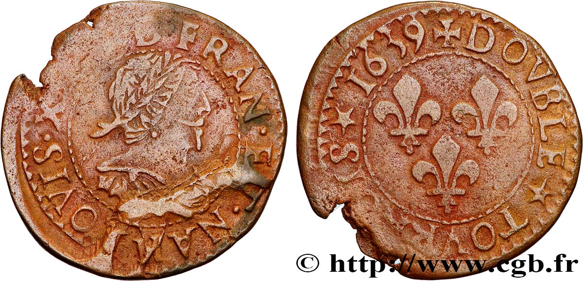 LOUIS XIII LE JUSTE Double tournois, type 14 1639 La Rochelle TB+/TTB