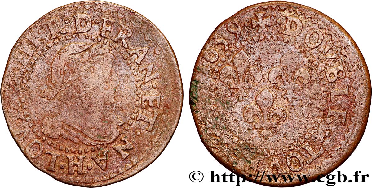 LOUIS XIII Double tournois, type 14 1639 La Rochelle VF