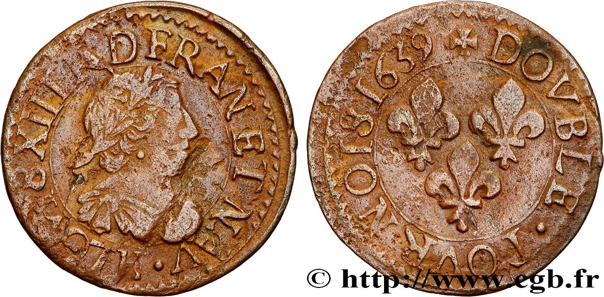 LOUIS XIII  Double tournois, type 14 1639 La Rochelle fSS
