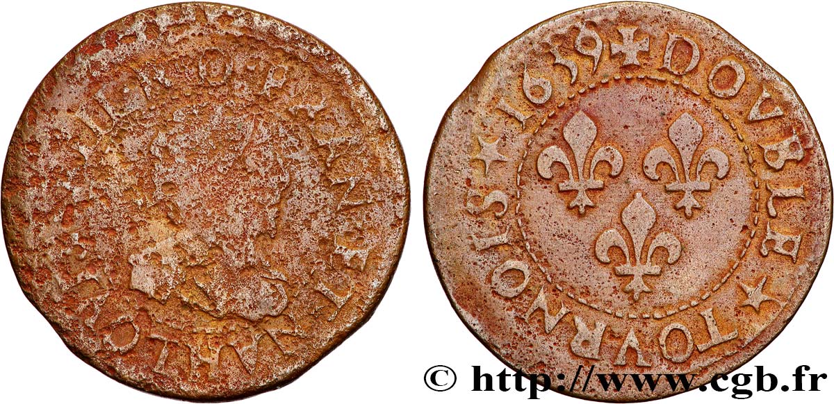 LOUIS XIII  Double tournois, type 14 1639 La Rochelle BC+