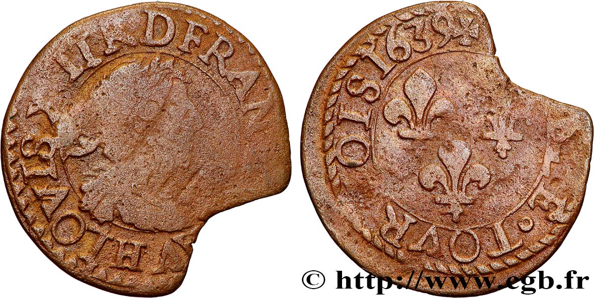 LOUIS XIII LE JUSTE Double tournois, type 14 1639 La Rochelle B