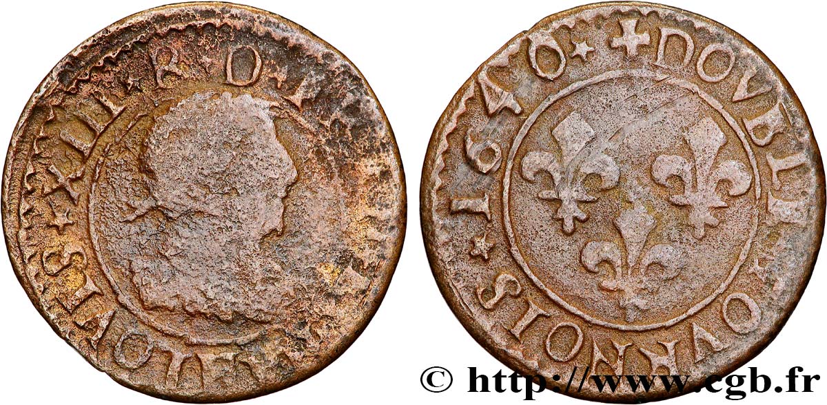 LOUIS XIII LE JUSTE Double tournois, 15e type de La Rochelle 1640 La Rochelle B+/TB