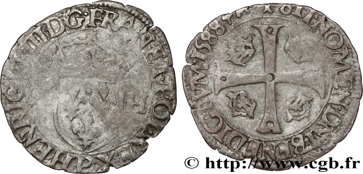 HENRI III Douzain aux deux H, 1er type 1588 Dijon TB+