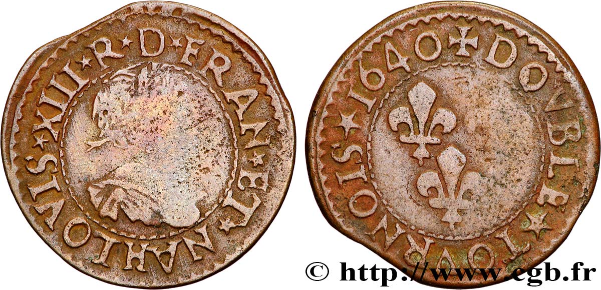 LOUIS XIII LE JUSTE Double tournois, 15e type de La Rochelle 1640 La Rochelle TB+
