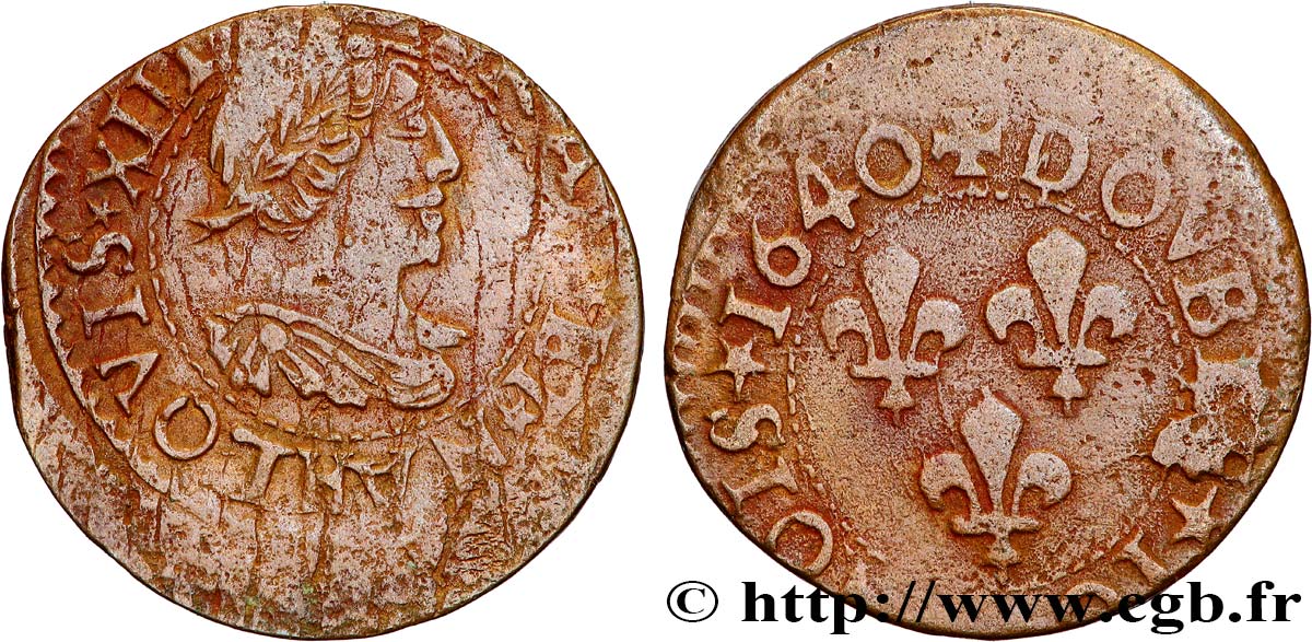 LOUIS XIII Double tournois, 15e type de La Rochelle 1640 La Rochelle VF