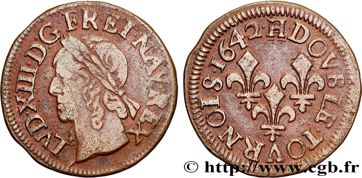 LOUIS XIII LE JUSTE Double tournois, type de Warin 1642 La Rochelle TTB/TTB+