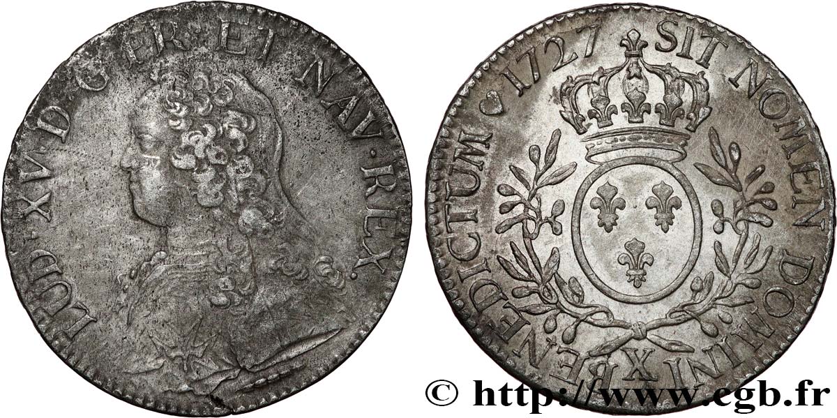 LOUIS XV DIT LE BIEN AIMÉ Écu aux branches d olivier, buste habillé 1727 Amiens TB+/TTB