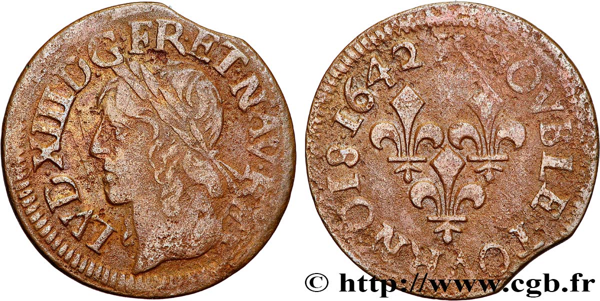 LOUIS XIII  Double tournois, type de Warin 1642 La Rochelle q.BB