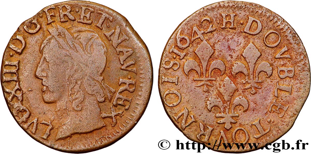 LOUIS XIII  Double tournois, type de Warin 1642 La Rochelle q.BB