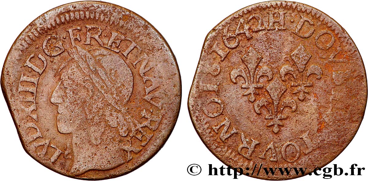 LOUIS XIII LE JUSTE Double tournois, type de Warin 1642 La Rochelle TB+