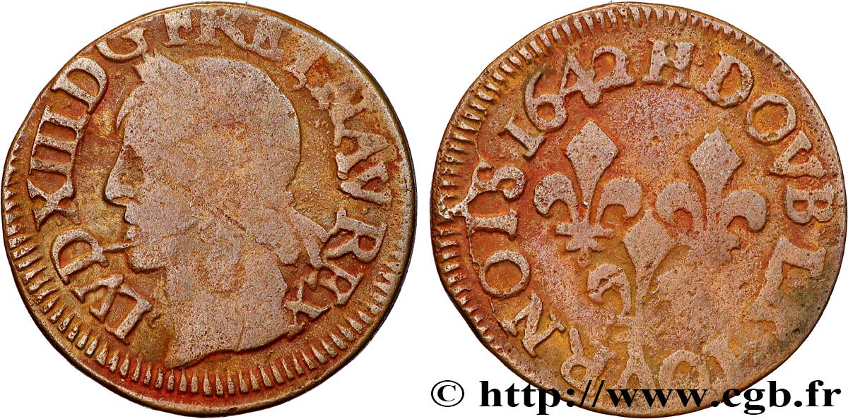 LOUIS XIII LE JUSTE Double tournois, type de Warin 1642 La Rochelle TB+