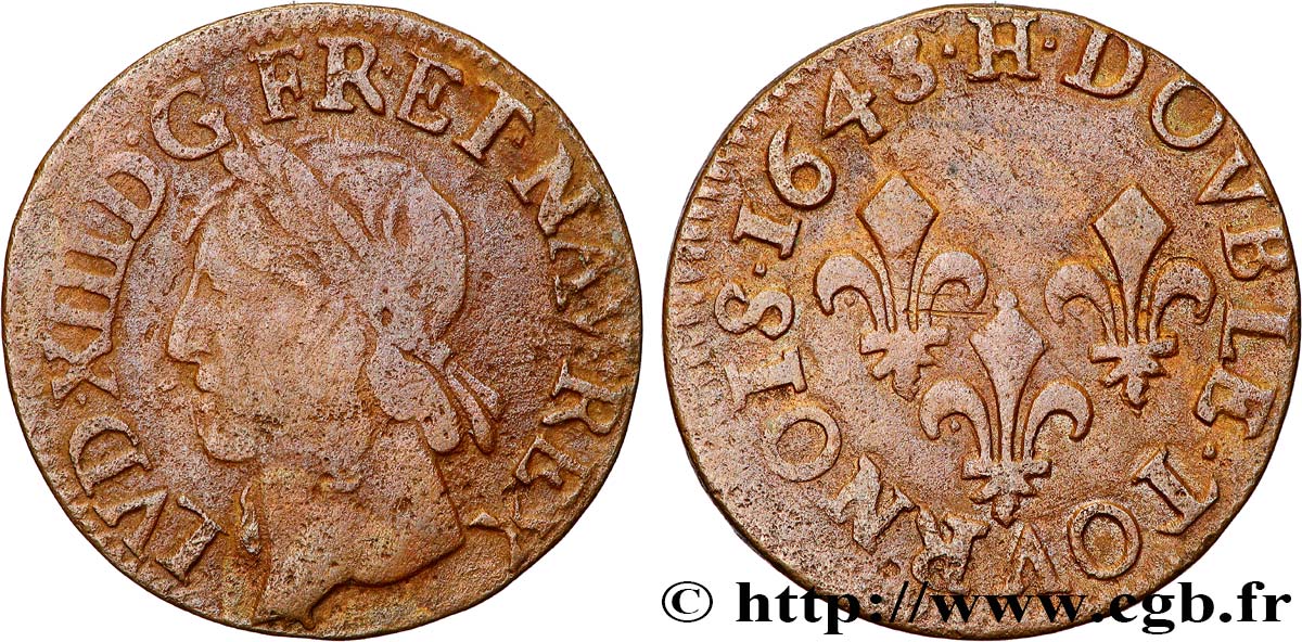 LOUIS XIII  Double tournois, type de Warin 1643 La Rochelle BC+/MBC