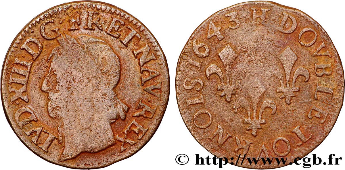 LOUIS XIII LE JUSTE Double tournois, type de Warin 1643 La Rochelle TB+