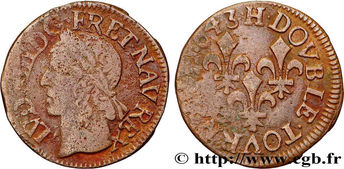LOUIS XIII LE JUSTE Double tournois, type de Warin 1643 La Rochelle TB+