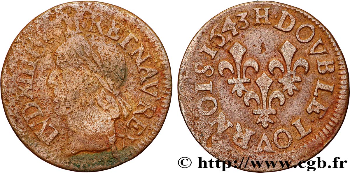 LOUIS XIII LE JUSTE Double tournois, type de Warin 1643 La Rochelle TB/TB+