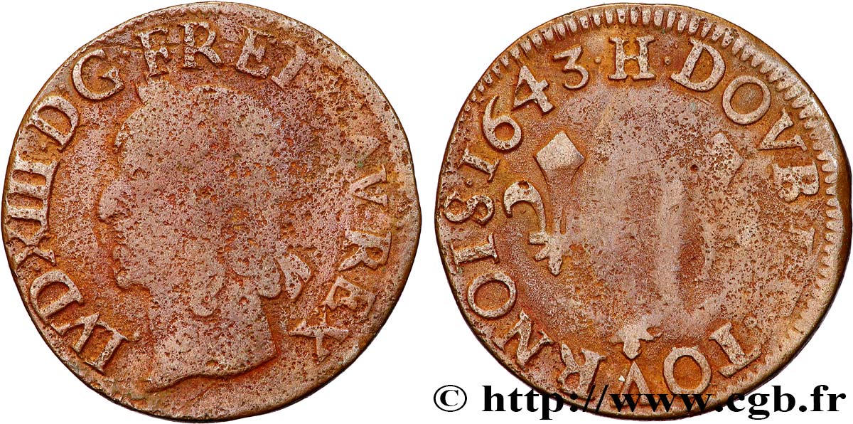 LOUIS XIII LE JUSTE Double tournois, type de Warin 1643 La Rochelle TB