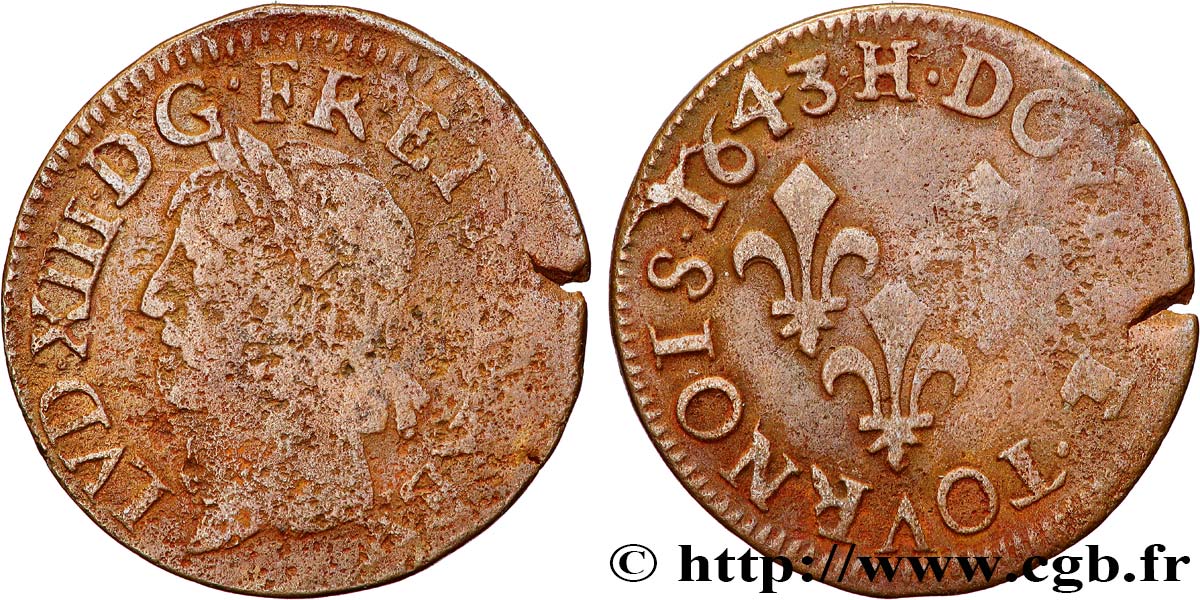 LOUIS XIII LE JUSTE Double tournois, type de Warin 1643 La Rochelle B+/TB+