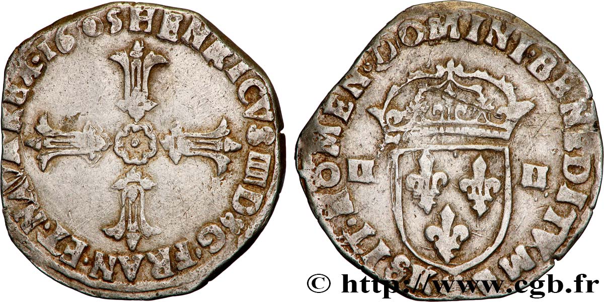 HENRI IV LE GRAND Quart d écu, croix feuillue de face 1605 Bordeaux TTB