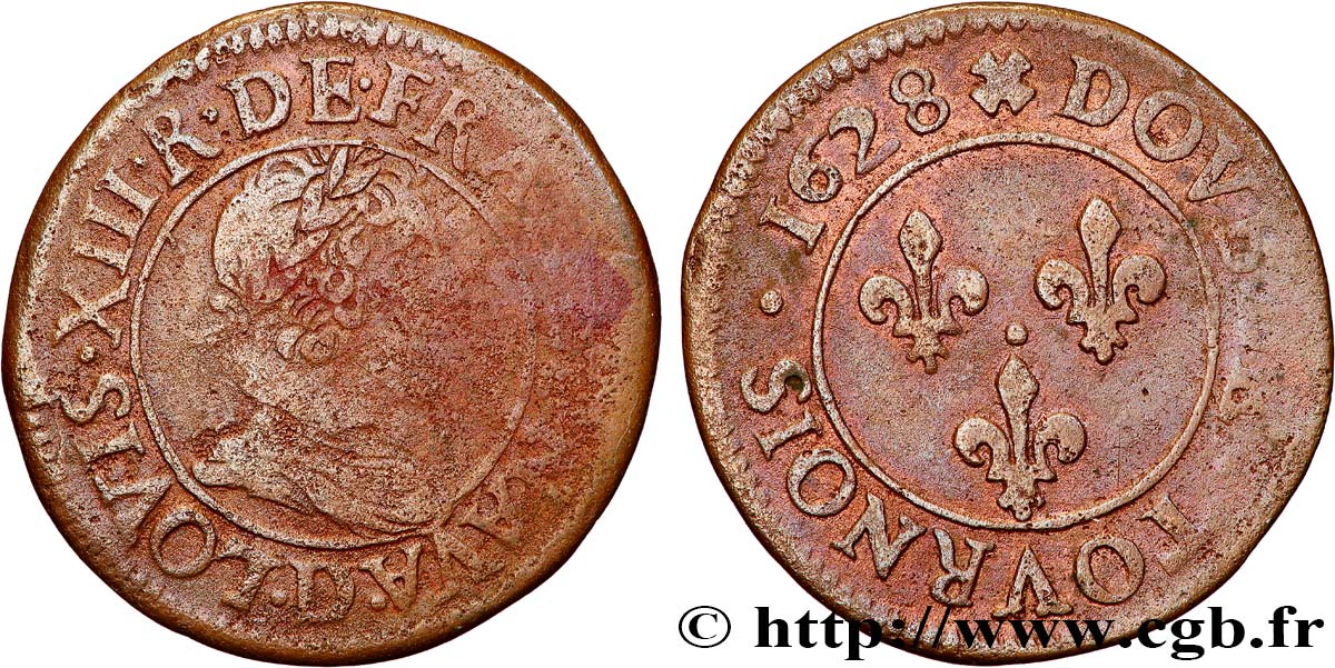 LOUIS XIII LE JUSTE Double tournois, 6e type 1628 Lyon B/TB