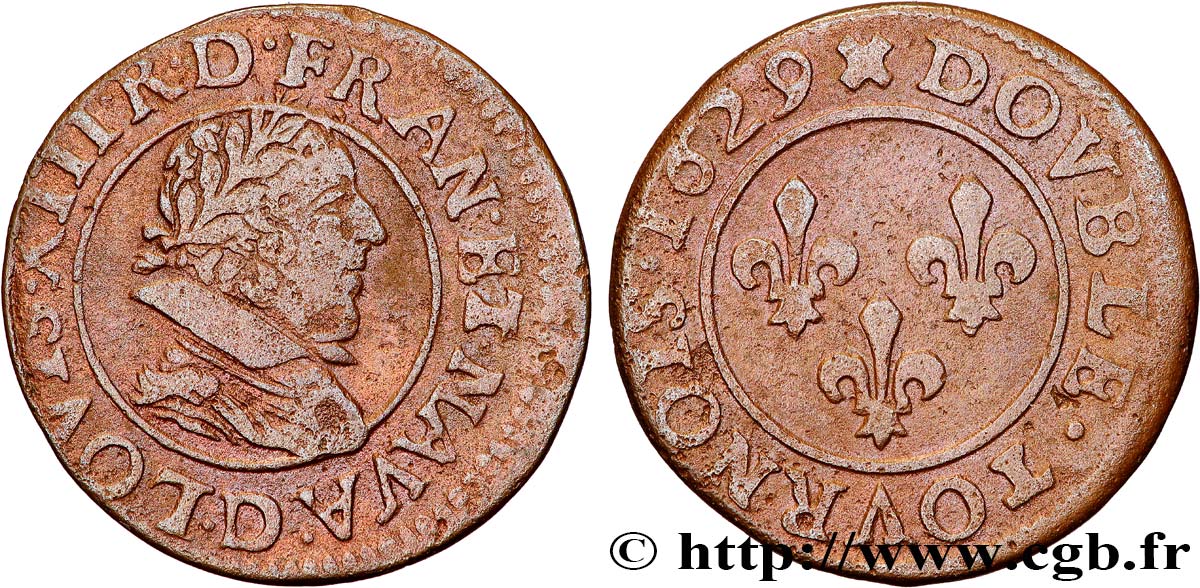 LOUIS XIII LE JUSTE Double tournois, type 6 de Lyon 1629 Lyon B+/TB