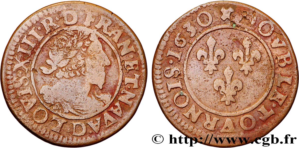 LOUIS XIII LE JUSTE Double tournois, type 7 de Lyon, buste viril barbu et drapé 1630 Lyon TTB+/TTB
