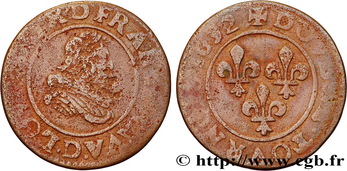 LOUIS XIII LE JUSTE Double tournois, type 8 1632 Lyon B+/TB
