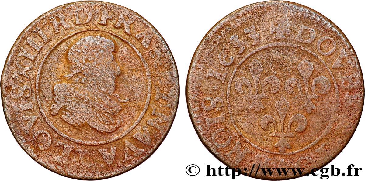 LOUIS XIII LE JUSTE Double tournois, type 8 1633 Lyon B+