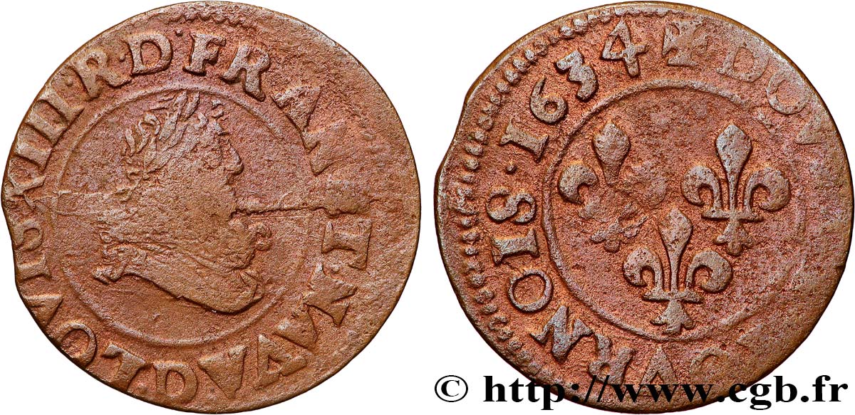 LOUIS XIII  Double tournois, type 8 1634 Lyon BC/BC+