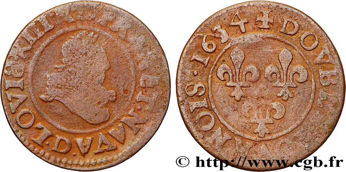 LOUIS XIII LE JUSTE Double tournois, type 8 1634 Lyon B+/TB
