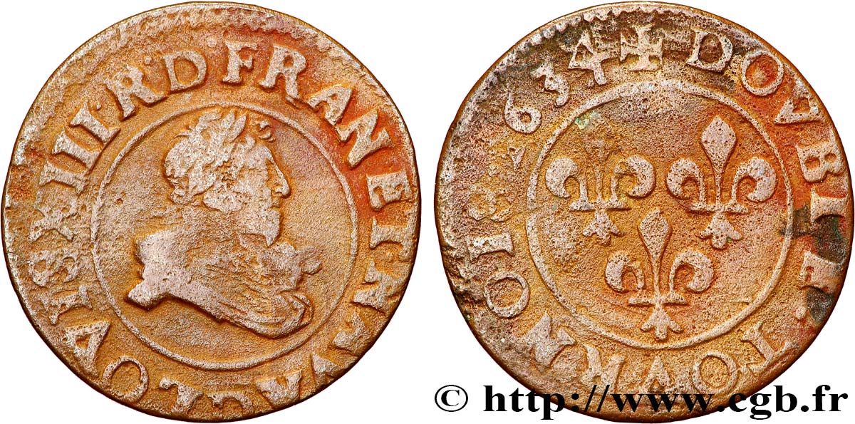 LOUIS XIII LE JUSTE Double tournois, type 8 1634 Lyon TB+