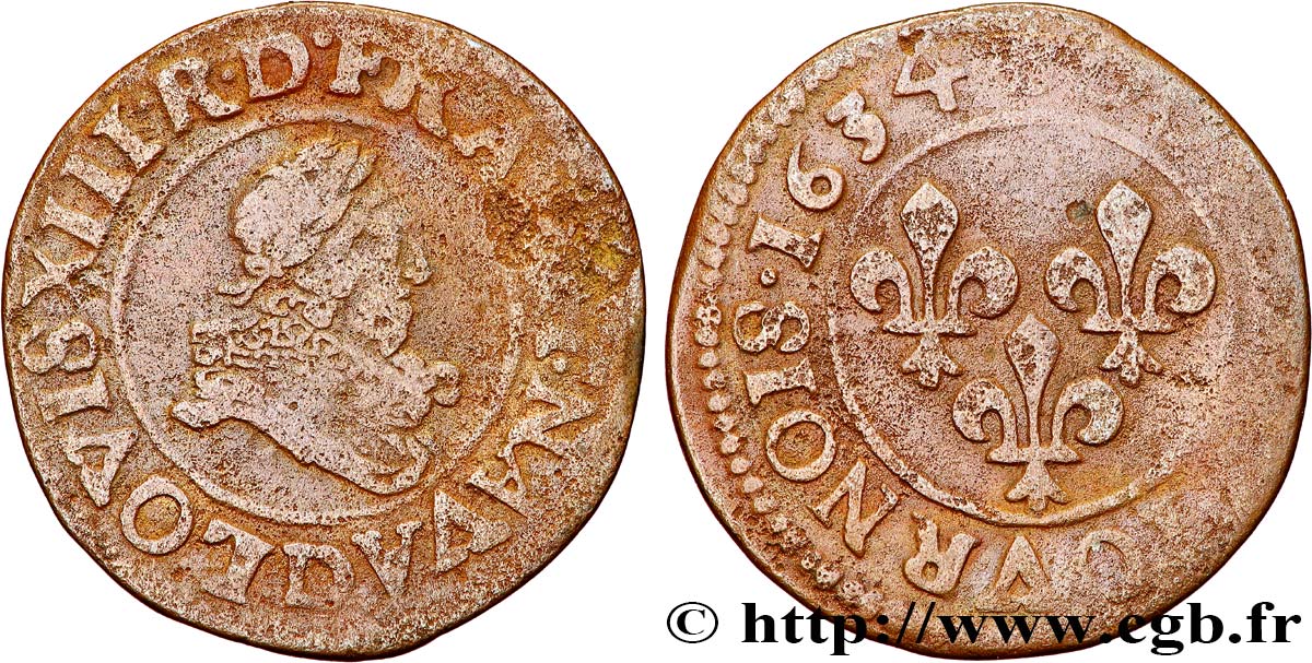 LOUIS XIII LE JUSTE Double tournois, type 8 1634 Lyon B+/TB