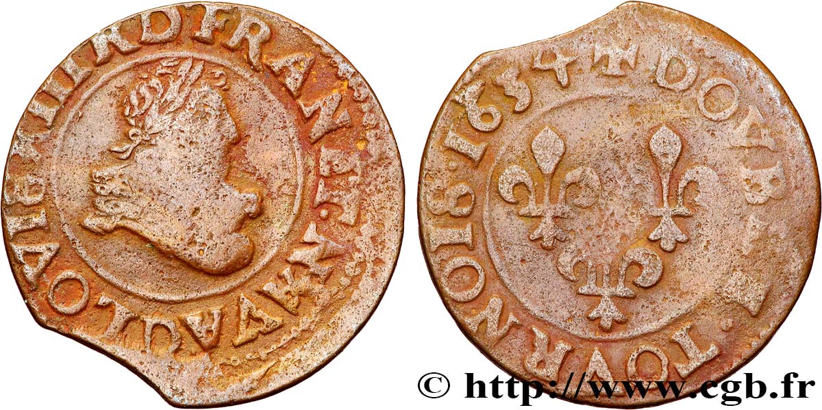 LOUIS XIII LE JUSTE Double tournois, type 8 1634 Lyon TB/TB+