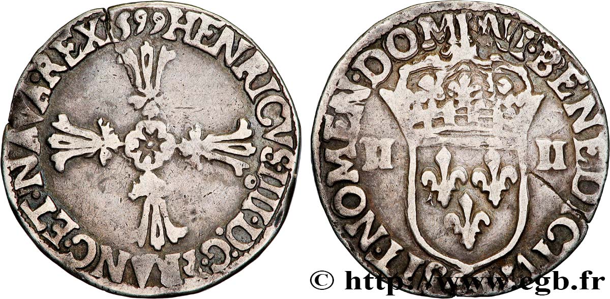 HENRI IV LE GRAND Quart d écu, croix feuillue de face 1599 Rennes TB+