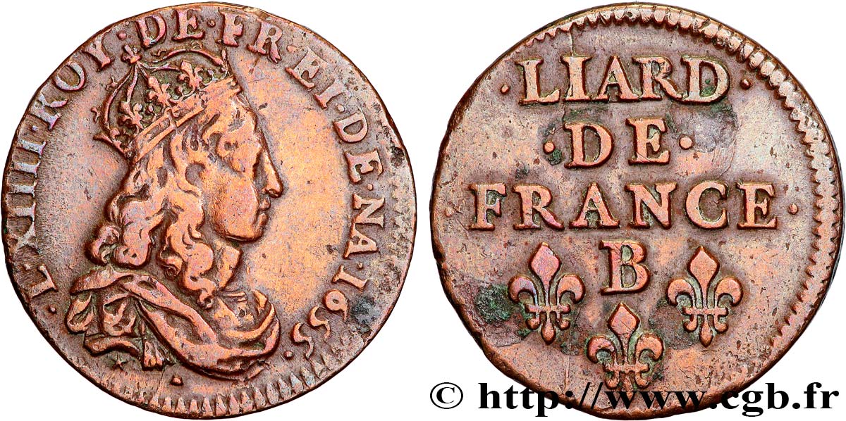 LOUIS XIV LE GRAND OU LE ROI SOLEIL Liard de cuivre, 2e type 1655 Pont-de-l’Arche TTB
