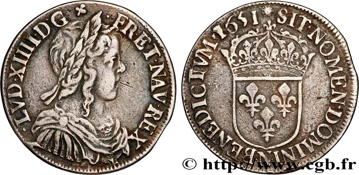 LOUIS XIV &nbsp;THE SUN KING&nbsp; Demi-écu, portrait à la mèche longue 1651 Montpellier BB