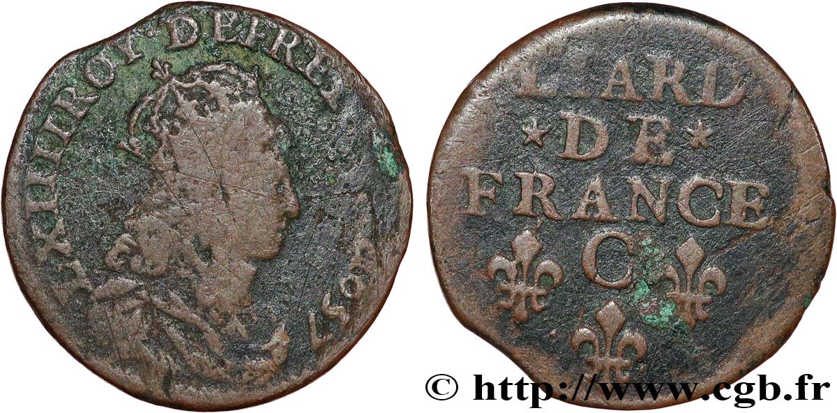 LOUIS XIV LE GRAND OU LE ROI SOLEIL Liard de cuivre, type 5 1657 Caen TB