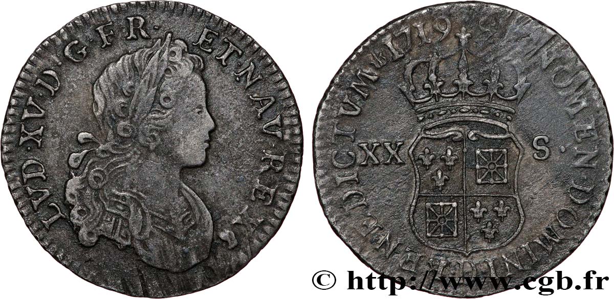 LOUIS XV THE BELOVED XX sols de Navarre 1719 Lyon XF