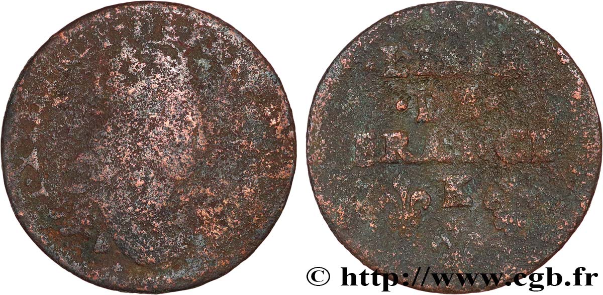 LOUIS XIV  THE SUN KING  Liard de cuivre, 2e type 1656 Meung-sur-Loire SGE