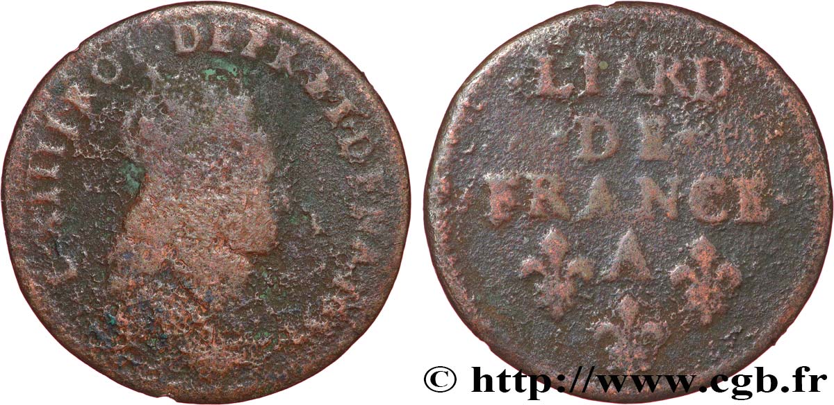 LOUIS XIV LE GRAND OU LE ROI SOLEIL Liard de cuivre, 2e type 1655 Corbeil TB