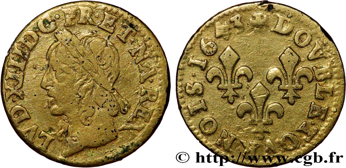 LOUIS XIII  Double tournois, type de Warin 1643 La Rochelle fSS