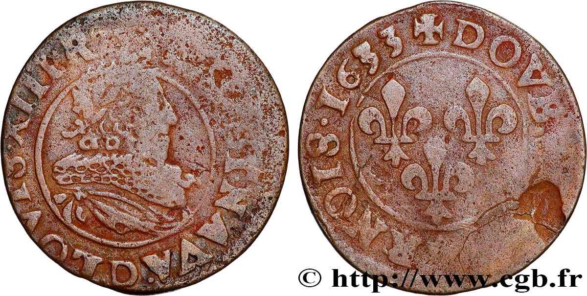 LOUIS XIII LE JUSTE Double tournois, type 8 1633 Lyon TB