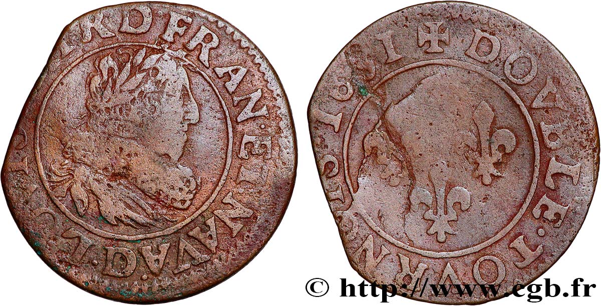 LOUIS XIII LE JUSTE Double tournois, type 9 1631 Lyon TB