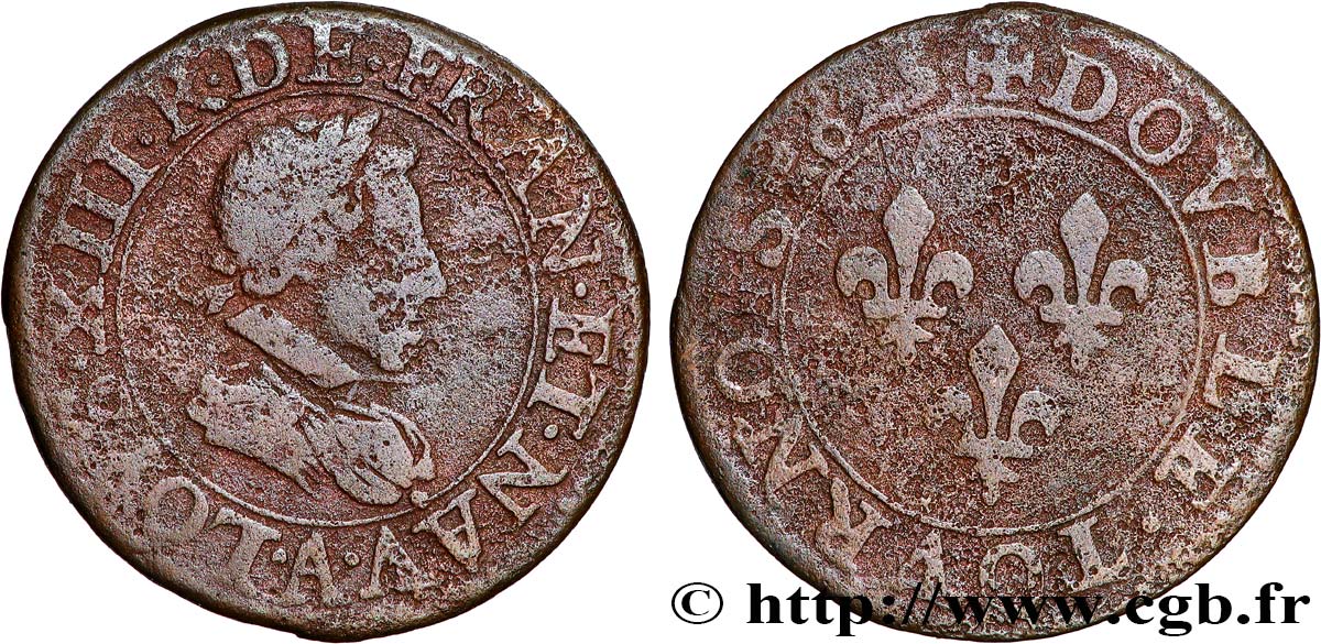 LOUIS XIII LE JUSTE Double tournois, type 2 de Paris 1625 Paris B+