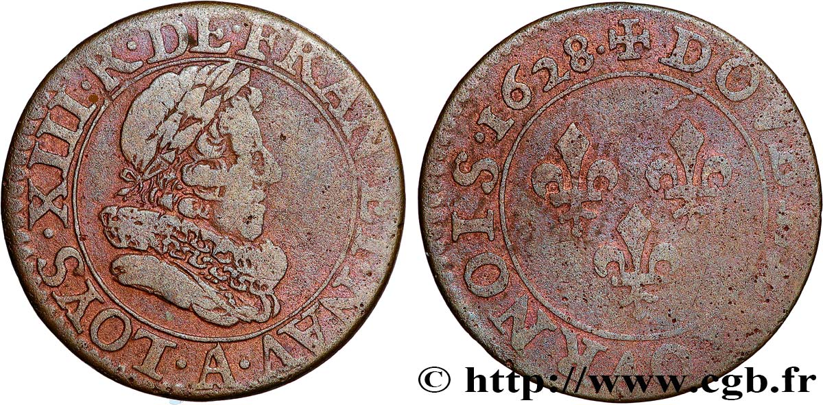 LOUIS XIII LE JUSTE Double tournois, type 5 de Paris 1628 Paris TB/B
