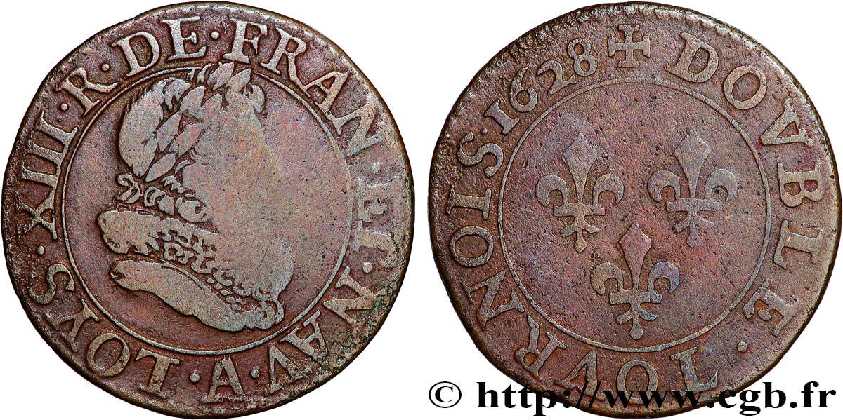 LOUIS XIII LE JUSTE Double tournois, type 5 de Paris 1628 Paris B+/TB