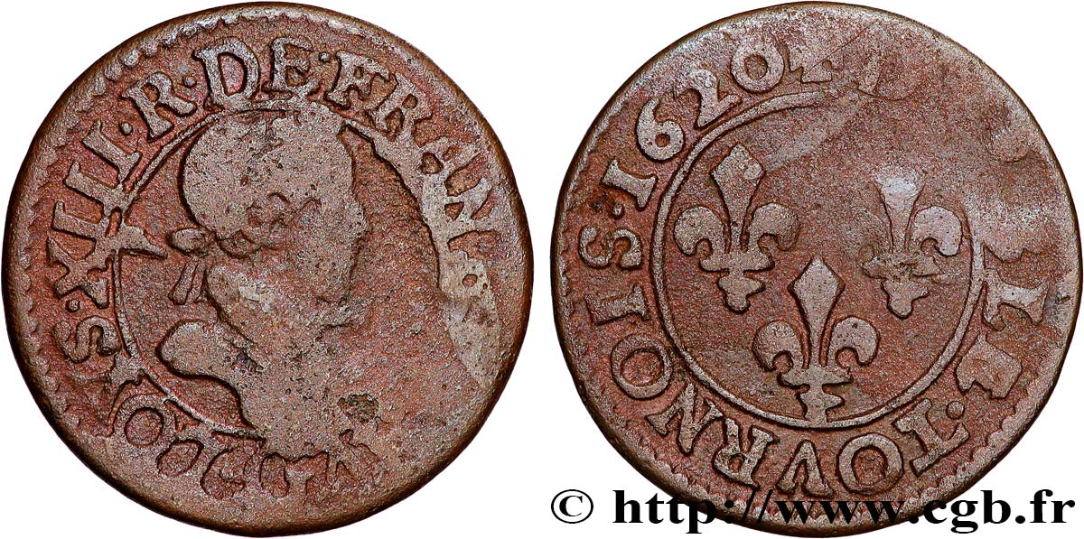 LOUIS XIII LE JUSTE Double tournois, type 2 de Poitiers 1620 Poitiers B/B+
