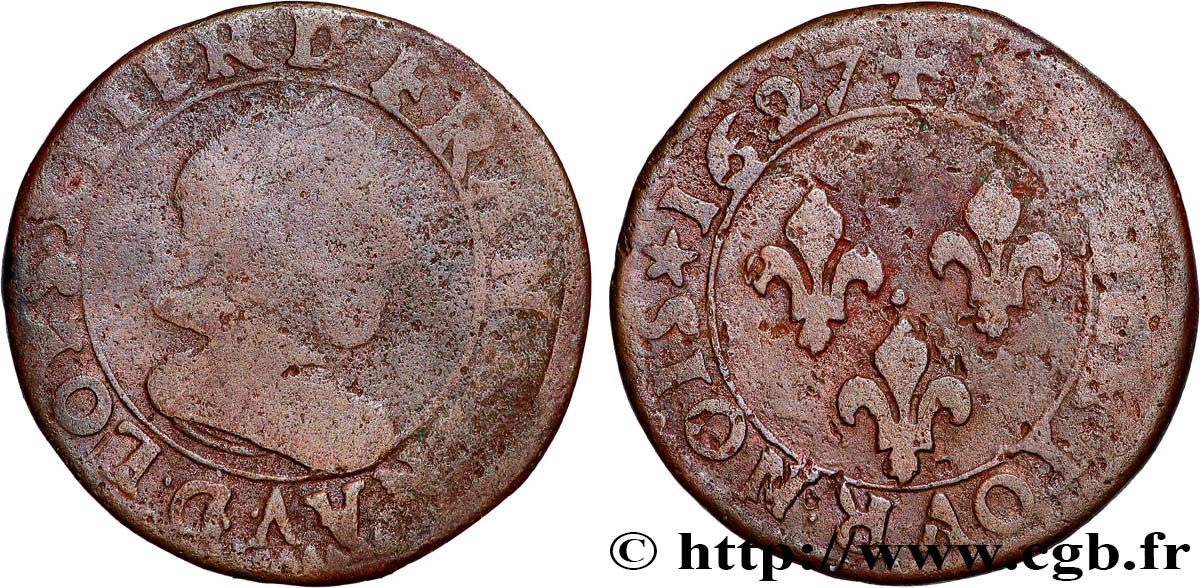 LOUIS XIII  Double tournois, type 3 de Poitiers 1627 Poitiers F