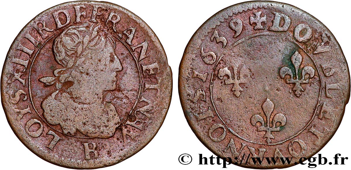 LOUIS XIII LE JUSTE Double tournois, 2e type de Rouen 1639 Rouen TB+